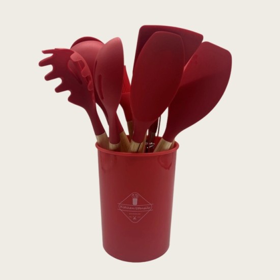 Red Wooden Handle Silicone Kitchenware 11-Piece Cooking Set With Non-Stick Pan And Storage Bucket