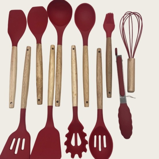 Red Wooden Handle Silicone Kitchenware 11-Piece Cooking Set With Non-Stick Pan And Storage Bucket