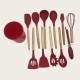 Red Wooden Handle Silicone Kitchenware 11-Piece Cooking Set With Non-Stick Pan And Storage Bucket