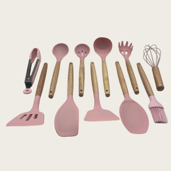 Non-Stick Cookware Cooking Set With Storage Bucket, Pink Wooden Handle, Silicone Cookware 11-Piece Set