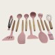 Non-Stick Cookware Cooking Set With Storage Bucket, Pink Wooden Handle, Silicone Cookware 11-Piece Set