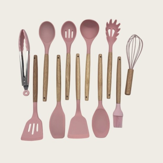 Non-Stick Cookware Cooking Set With Storage Bucket, Pink Wooden Handle, Silicone Cookware 11-Piece Set