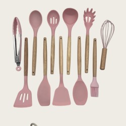 Non-Stick Cookware Cooking Set With Storage Bucket, Pink Wooden Handle, Silicone Cookware 11-Piece Set