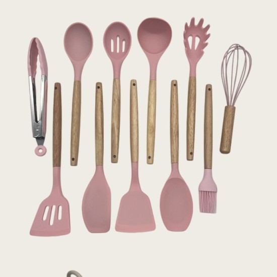 Non-Stick Cookware Cooking Set With Storage Bucket, Pink Wooden Handle, Silicone Cookware 11-Piece Set