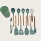 Non-Stick Cookware Cooking Set With Storage Bucket, Green Wooden Handle, Silicone Cookware 11-Piece Set