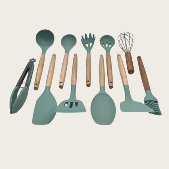 Non-Stick Cookware Cooking Set With Storage Bucket, Green Wooden Handle, Silicone Cookware 11-Piece Set