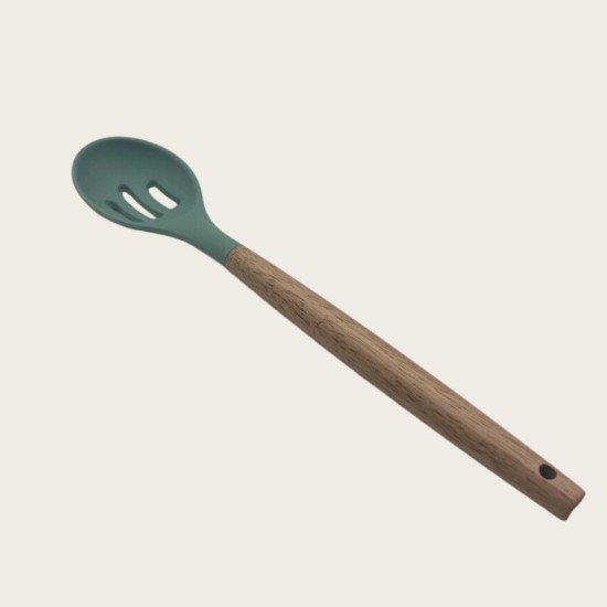 Non-Stick Cookware Cooking Set With Storage Bucket, Green Wooden Handle, Silicone Cookware 11-Piece Set