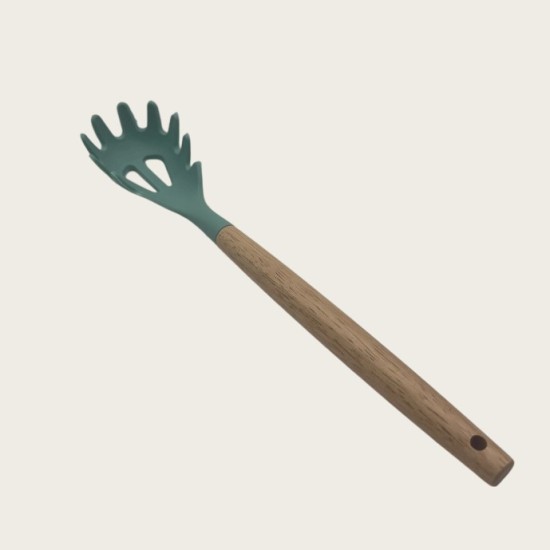 Non-Stick Cookware Cooking Set With Storage Bucket, Green Wooden Handle, Silicone Cookware 11-Piece Set