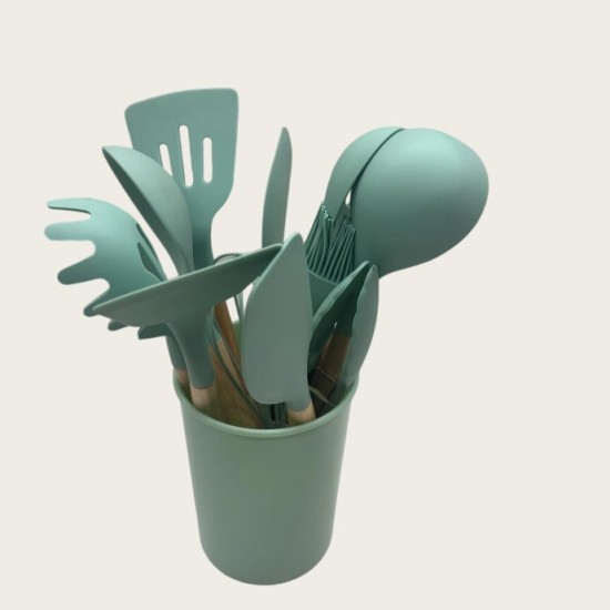Non-Stick Cookware Cooking Set With Storage Bucket, Green Wooden Handle, Silicone Cookware 11-Piece Set